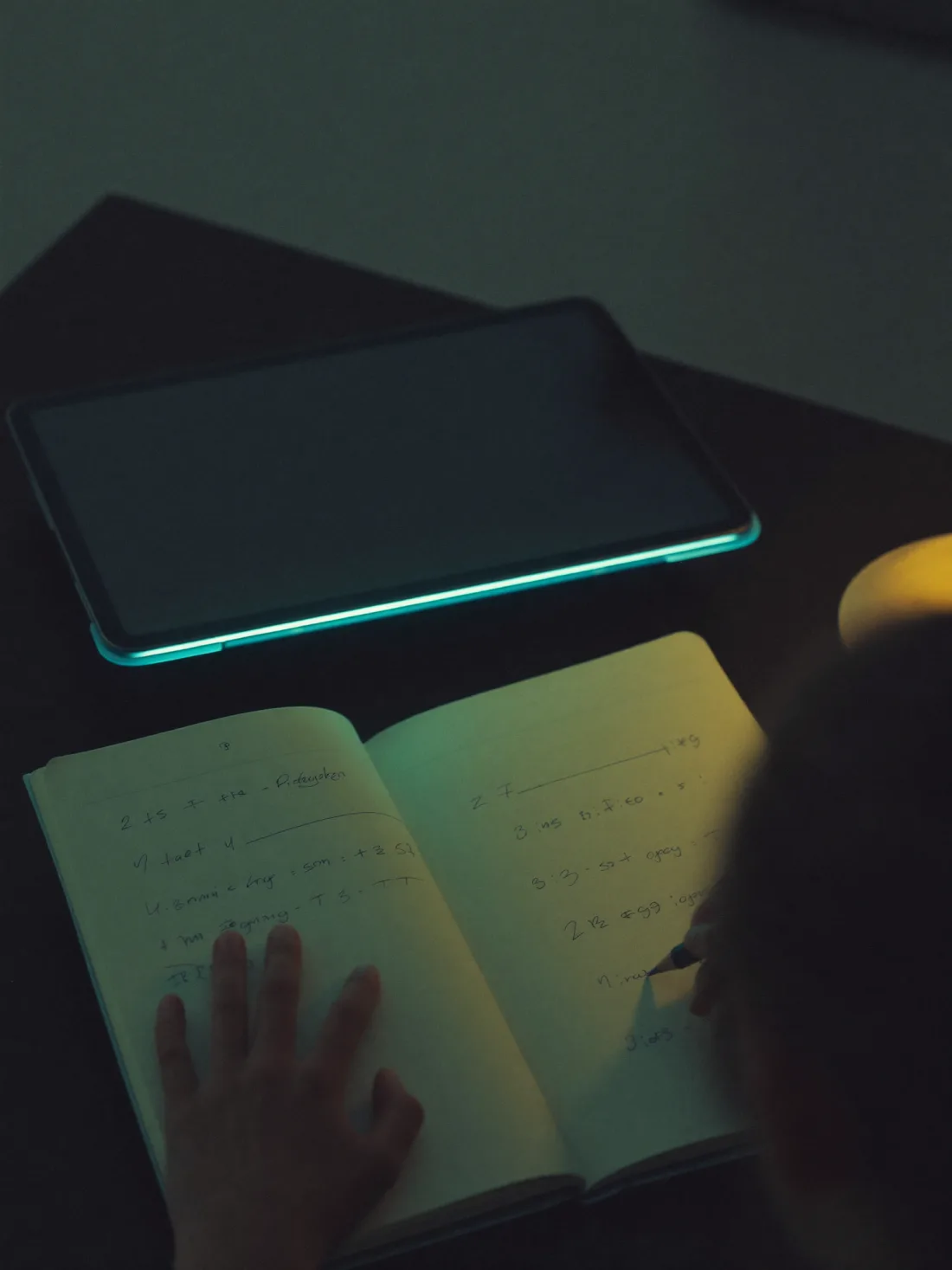 Student reviewing notes with a tablet on the desk